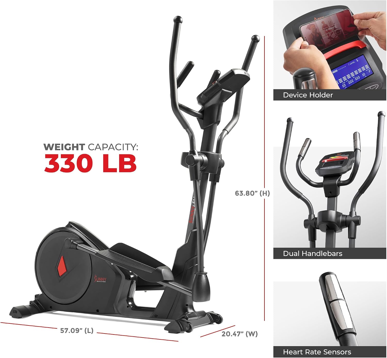 Sunny Health & Fitness Elliptical Machine with Extended Stride, Ultra Quiet 300 lbs Capacity Cross Training Cardio Fully Body Exercise for Home, Sunny Fit App Access, Optional 12' or 16' Stride Length