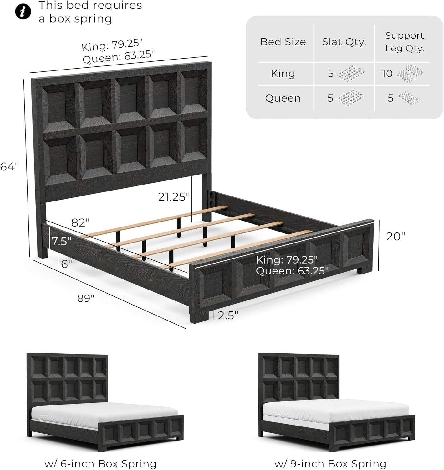 Furniture of America Dannen Modern Solid Wood 3-Piece Bedroom Set with Oversized Nightstand, Cedarwood-Lined Bottom and Felt-Lined Top Drawers, Box Spring Needed, Queen, Weathered Black