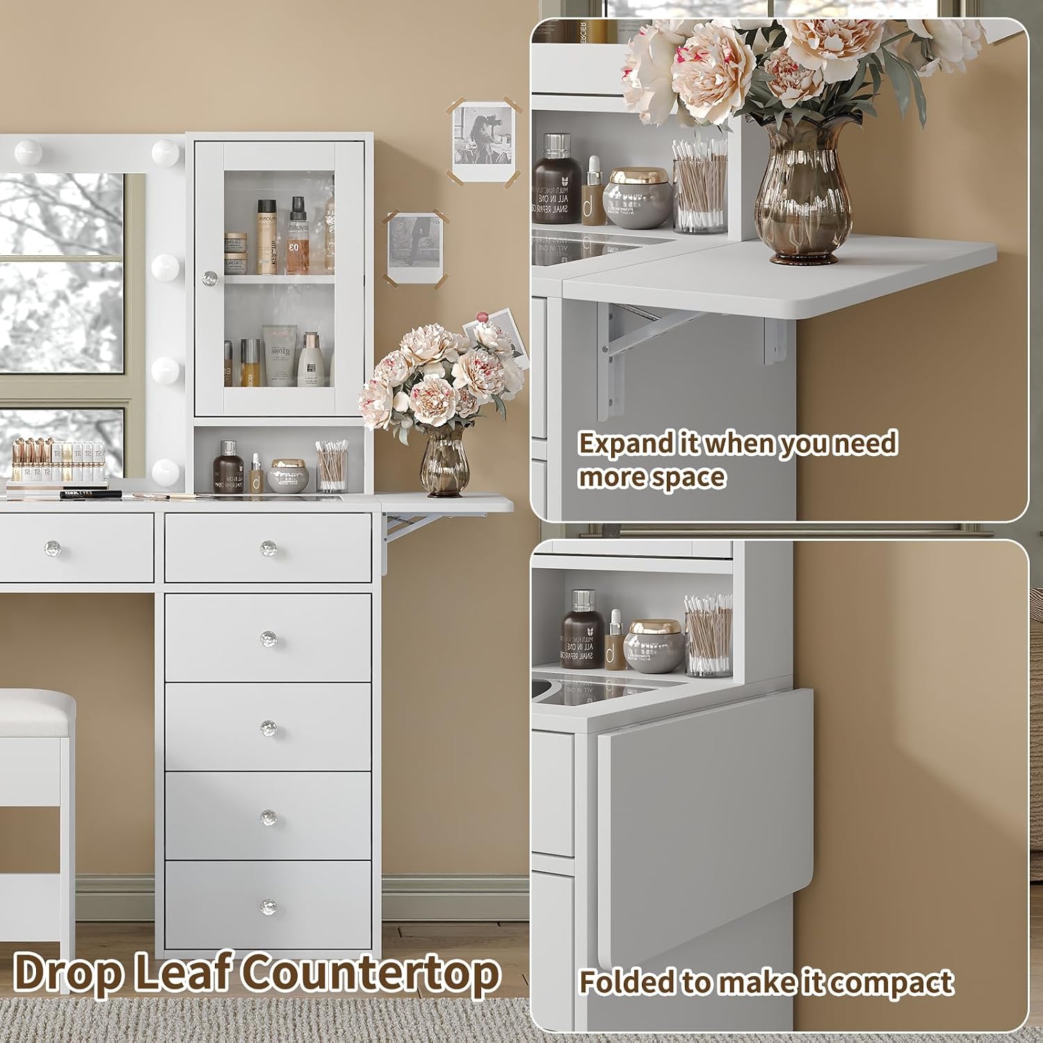 FUSOU 55'' Large Vanity Desk with Mirror and Lights, 12 Drawers Makeup Vanity with Power Olutlet, 2 Cabinets & Fold-up Panel, 3 Lighting Modes, Glass Top Vanity with Chair for Bedroom, White