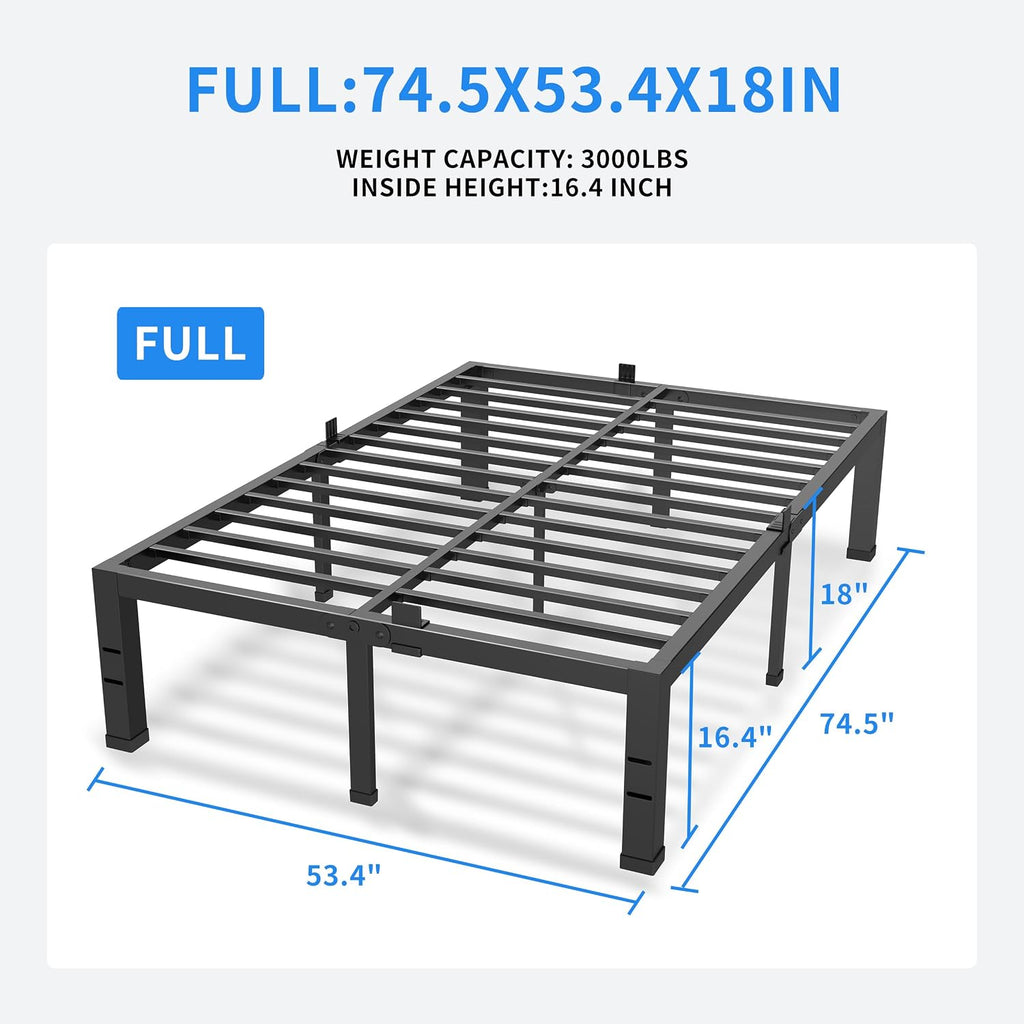 MAF 18 Inch Full Size Bed Frame No Box Spring Needed, Full Bed Frame Metal Heavy Duty Metal Platform Bed Frames Black Steel Slats Support Under-Bed Storage Space