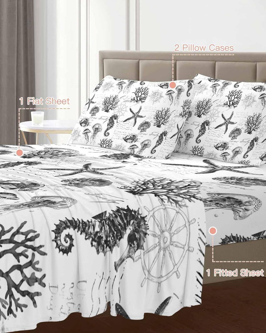 Gray Coastal Cal King Sheet Set 4 Piece Bedding - Retro Nautical Starfish Coral Jellyfish Breathable Comfy Cooling Bed Sheets & Pillowcase Sets,Hotel Luxury Flat Sheets Deep Pockets Fitted Sheet