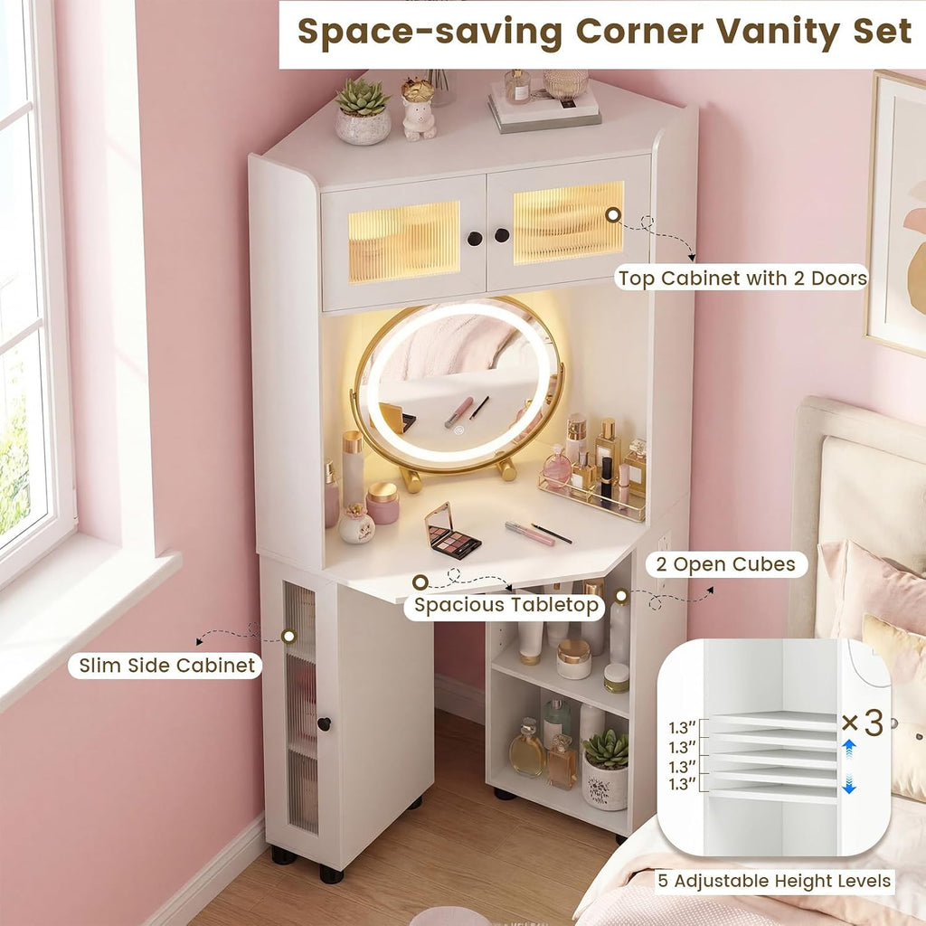 CHARMAID Corner Vanity Desk with LED Mirror & Lighted Fluted Cabinet, White Makeup Vanity Table with Charging Station, Adjustable Shelves, Space Saving Dressing Table with Stool for Small Bedroom