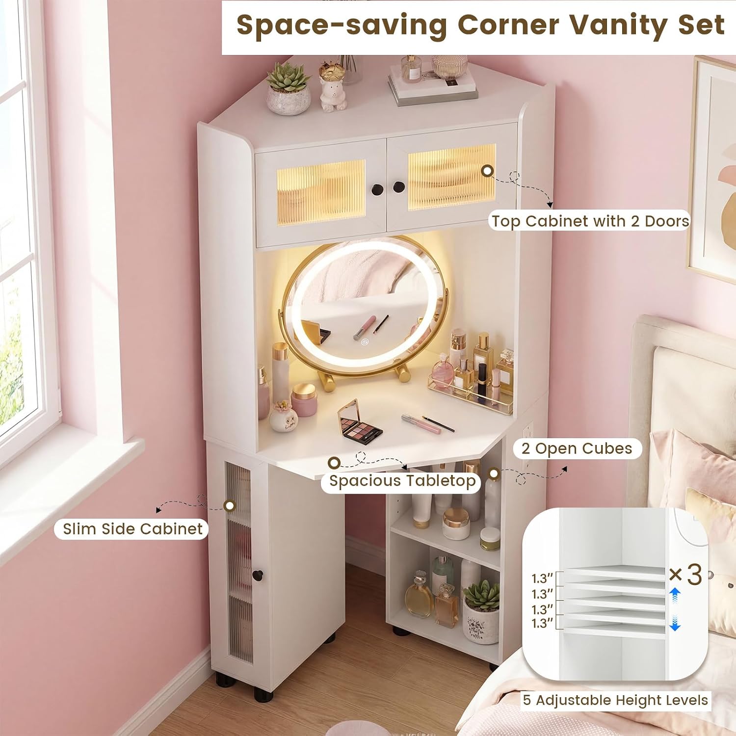 CHARMAID Corner Vanity Desk with LED Mirror & Lighted Fluted Cabinet, White Makeup Vanity Table with Charging Station, Adjustable Shelves, Space Saving Dressing Table with Stool for Small Bedroom