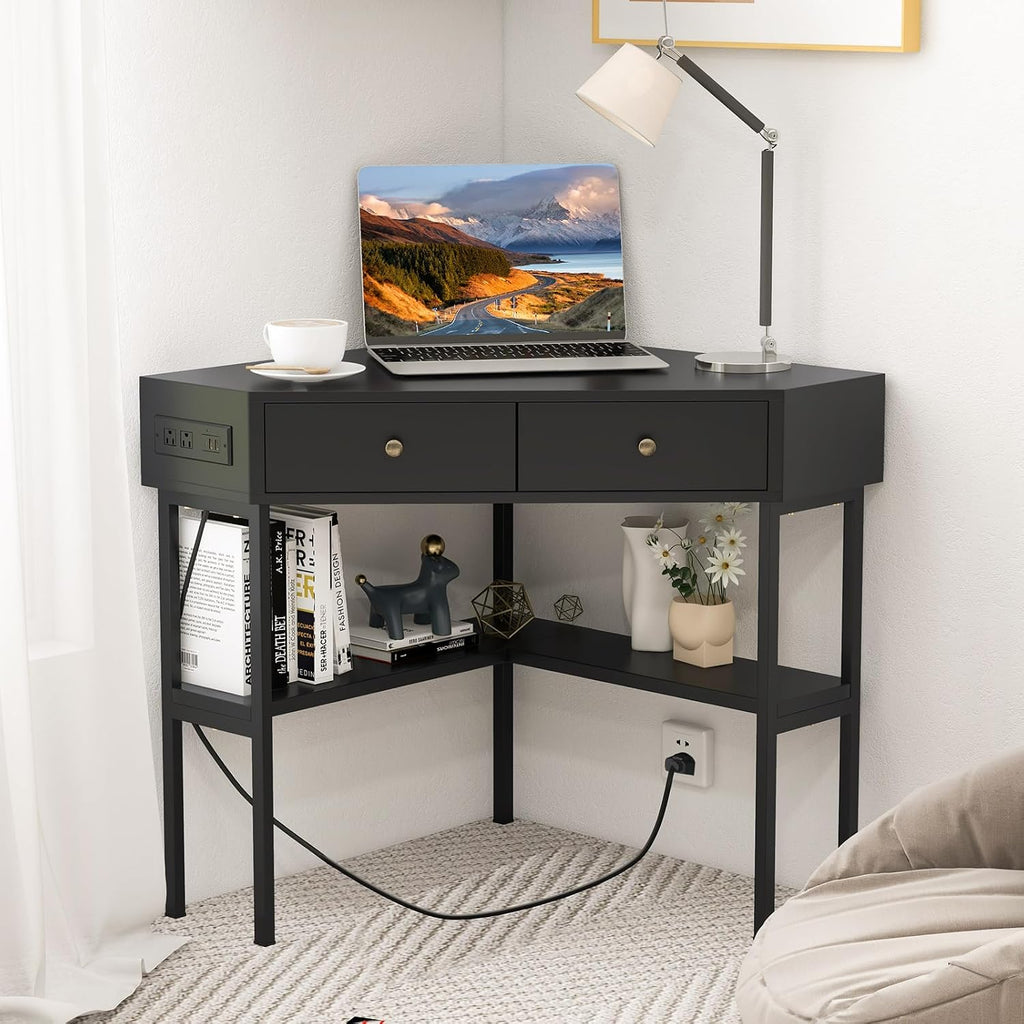 Corner Desk with Charging Station, 90° Triangle Desk w/ 2 Drawers, Storage Shelves, Corner Vanity Table for Bedroom, Compact Computer Desk for Small Space