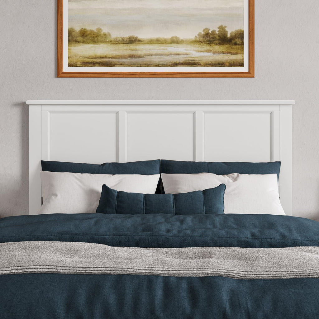 HomeStock Victorian Headboard with USB Charger Wood Panel Design Metal Bed Frame Compatible White/Queen