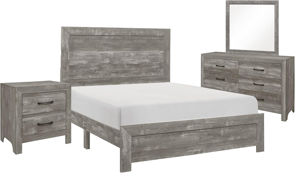 Benzara Ko Four Piece King Size Bedroom Set- Panel Detailing- Metal Handles