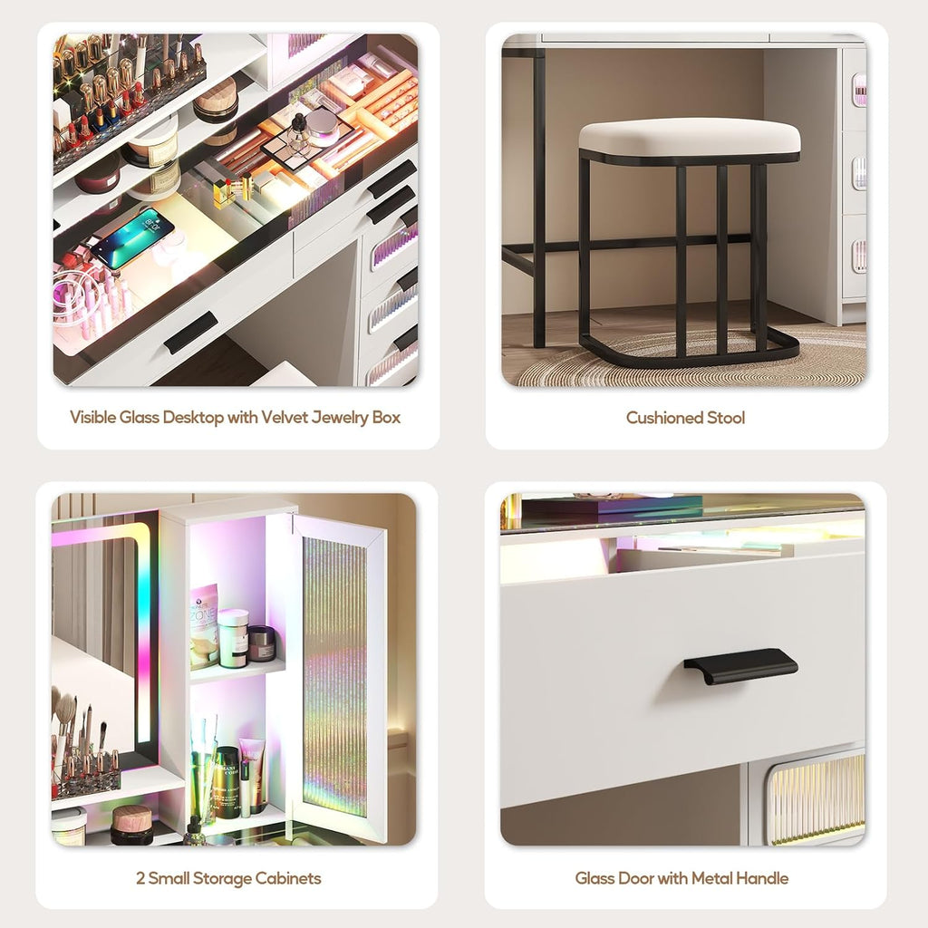 RGB Vanity Desk with Mirror and Lights, Glass Top Makeup Vanity Table with Wireless Charging Station, Girl Vanity,Dressing Table with Chair & 6 Drawers,White