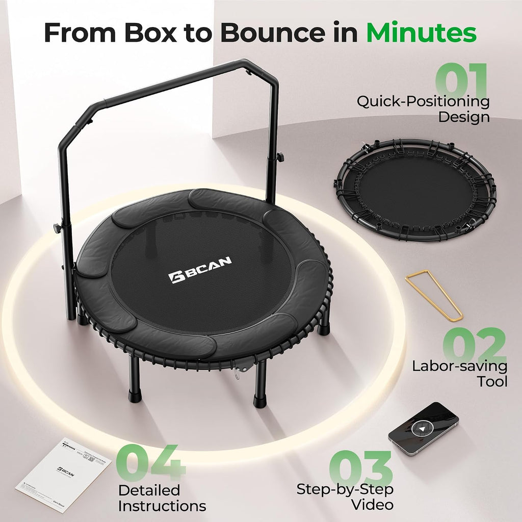 BCAN BT2 450/550LBS Mini Rebounder Trampoline for Adults with Bar, Fitness Trampoline with Bungees, Adjustable Handle, Stable & Quiet, Indoor Outdoor, Whole-Body Workout & Relaxation at Home-40IN/48IN