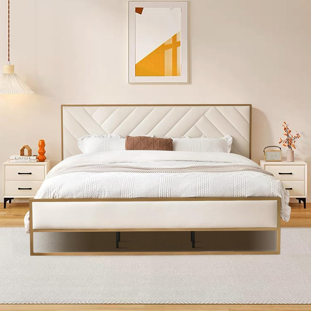 VELOCAVA Full Metal Upholstered Bed with Geometric Headboard, Velvet Platform Bed with 10'' Under Bed Storage Supported by Metal Base and Wooden Slats, No Box Spring Needed, Gold&Cream