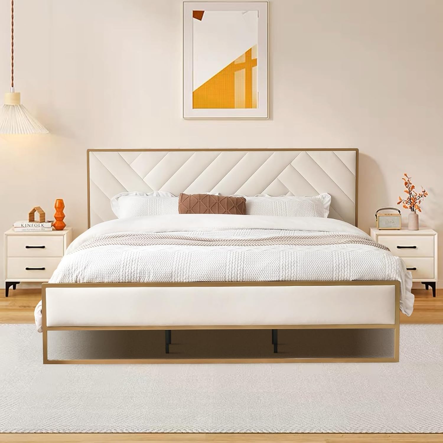 VELOCAVA Full Metal Upholstered Bed with Geometric Headboard, Velvet Platform Bed with 10'' Under Bed Storage Supported by Metal Base and Wooden Slats, No Box Spring Needed, Gold&Cream