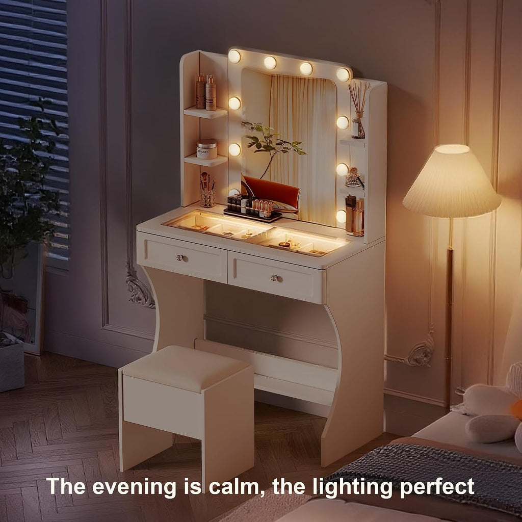 KDCAS Vanity Desk with Mirror and Lights | 31.5' Modern Glass Top Makeup Vanity Set with 2 Drawers & Hidden Storage Stool | Small Space Dressing Table for Bedroom(White)