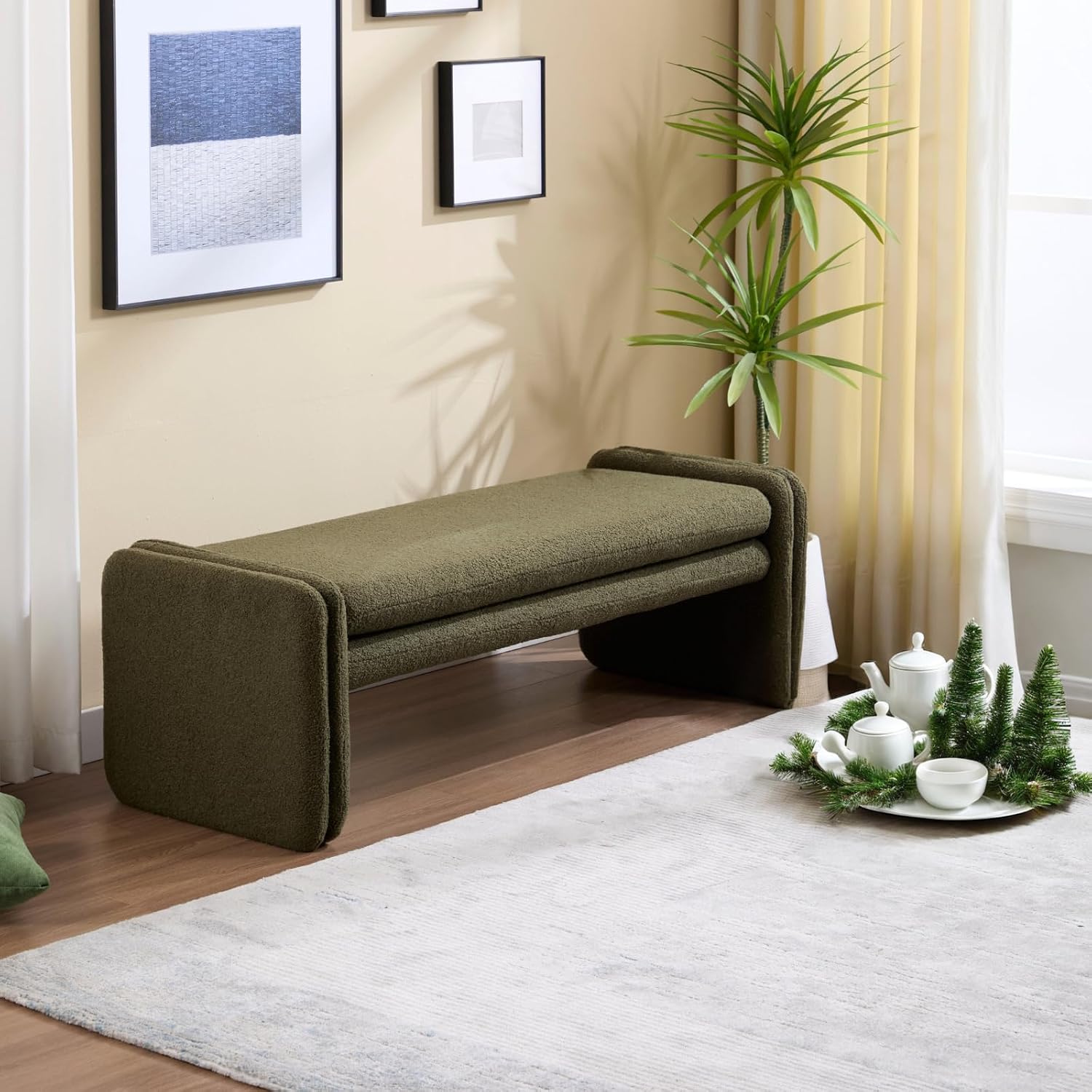 ROCITY Green Boucle Bench 50' Sherpa End of Bed Bench Modern Upholstered Bench for Bedroom Entryway Living Room Vanity Makeup Room, Teddy Fabric Bench with Seating