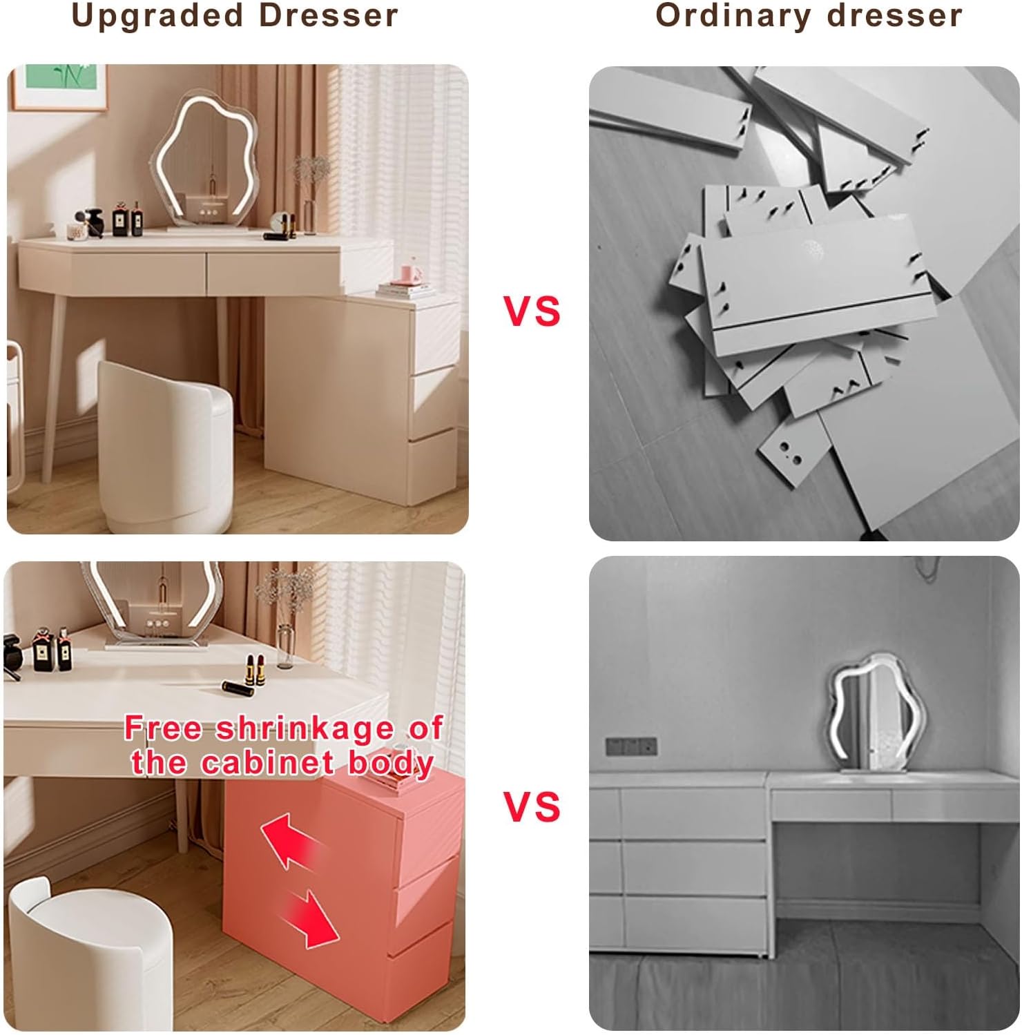 UPGENT Corner Vanity Set with Lighted Mirror, Corner Dressing Table with Stool, Makeup Dressing Table with Drawers, Cabinet and Cushioned Stool for Bedroom Dressing Room