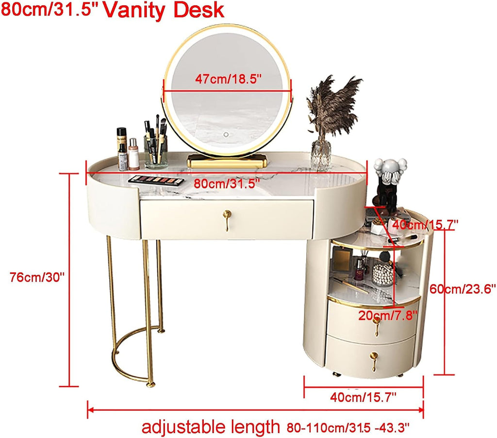 Dresser Table Women Vanity Makeup Table Set Makeup with 3 Drawers Dressing Table with Lighted Mirror and Chair Vanity Benches Desk for Her (Color : White, Size : L:80cm/31.5')