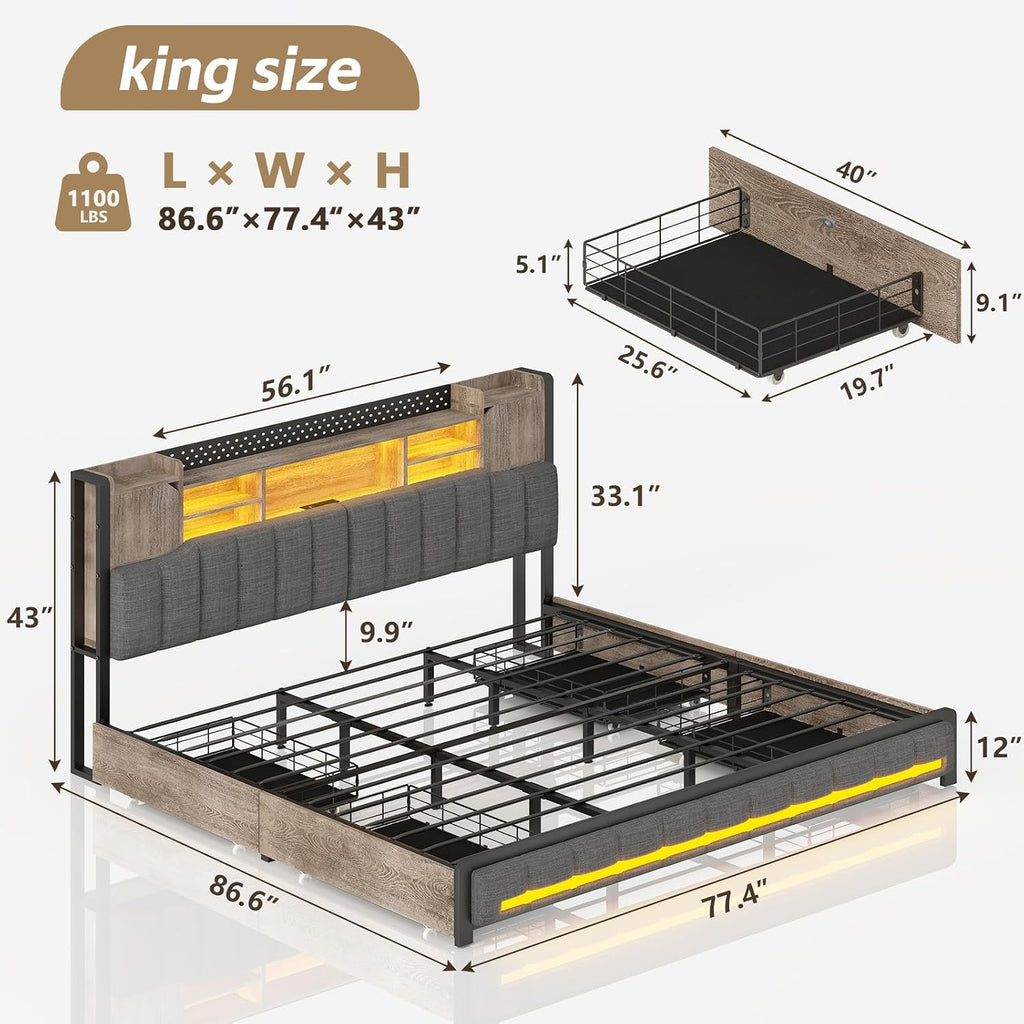 CSZZD King Size Bed Frame and Bookcase Headboard & Storage Drawers, LED Upholstered Platform Bed Frame King Size with USB Charging Station, No Box Spring Needed, Easy Assembly, Oak Gray