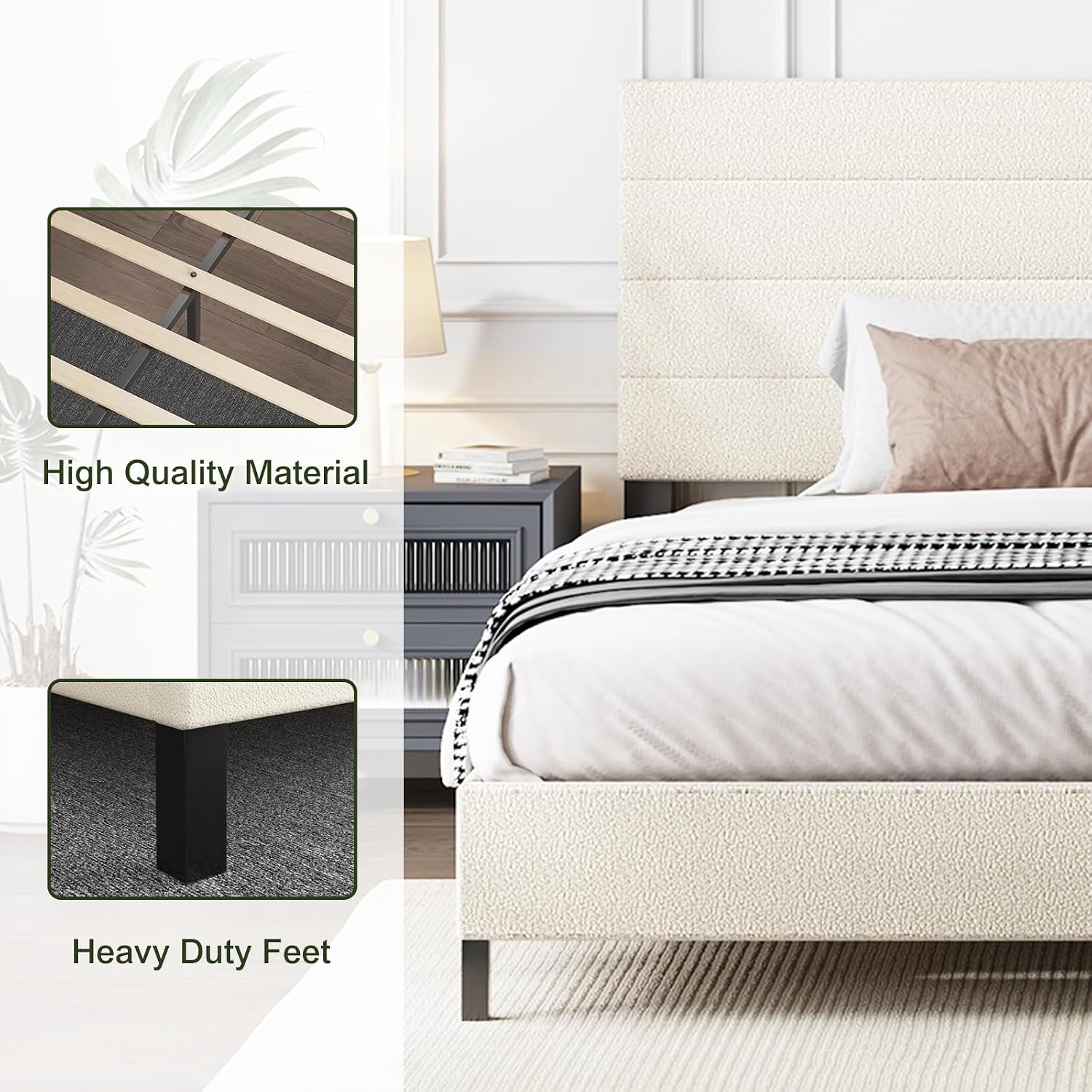Furnihome King Size Bed Frame, Modern Sherpa Upholstered Bed Frame King with Adjustable Headboard, Wooden Slats Support Platform, No Box Spring Needed,Easy Assembly,Cream