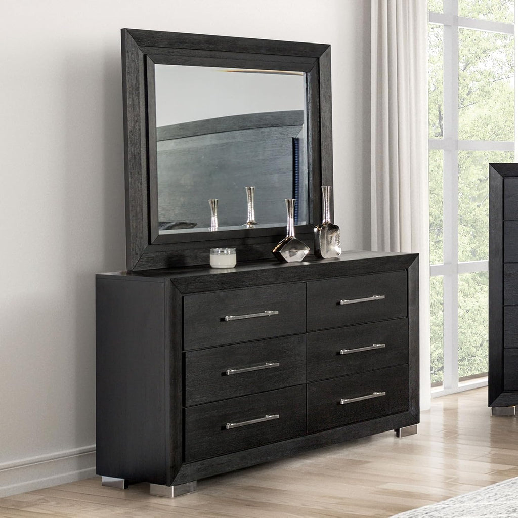 Eastern King King Size 4pc Bed Set LED Lights Beveled Mirror USB Port Ball Bearing Glides Metal Handles Black Finish Bedroom Furniture