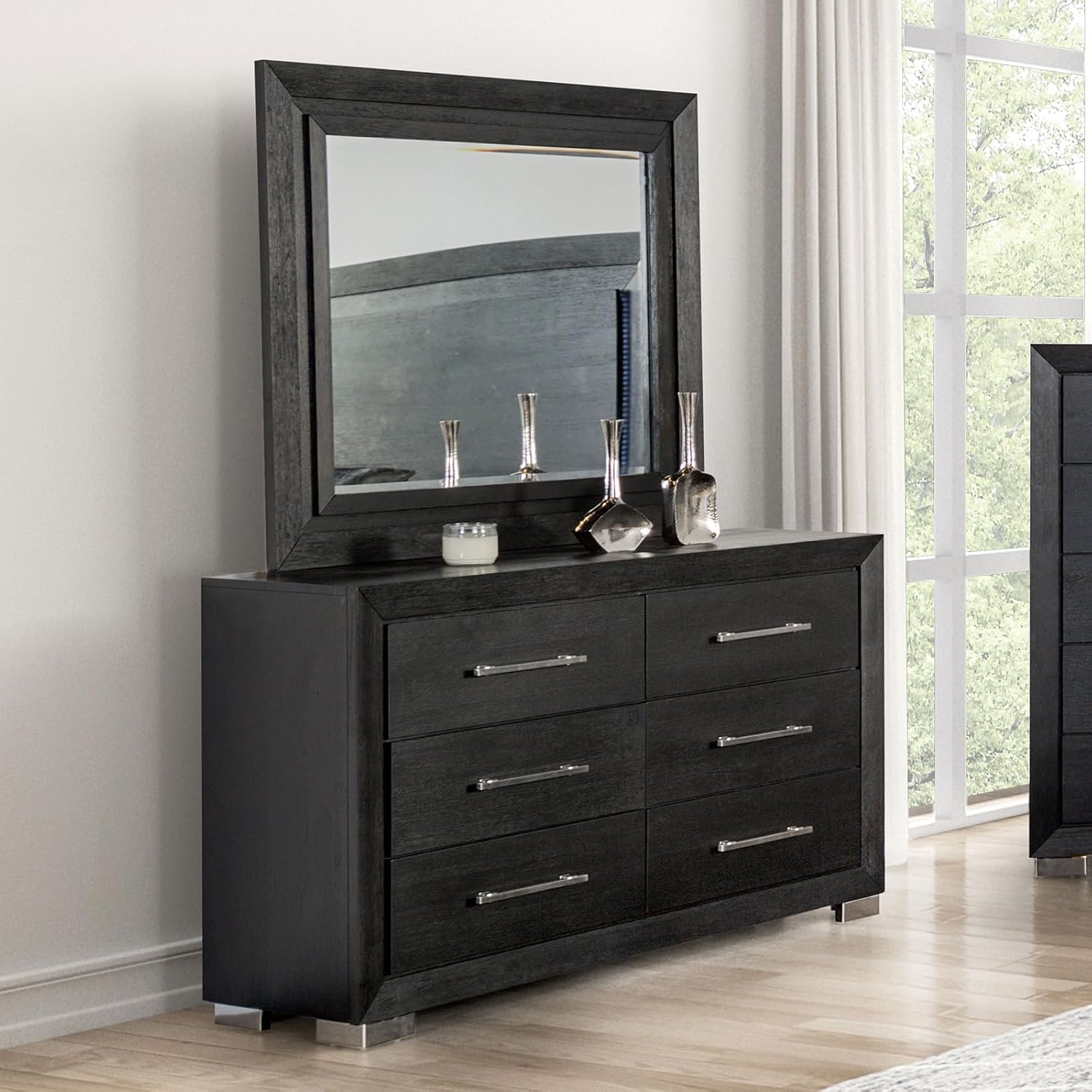 Eastern King King Size 4pc Bed Set LED Lights Beveled Mirror USB Port Ball Bearing Glides Metal Handles Black Finish Bedroom Furniture