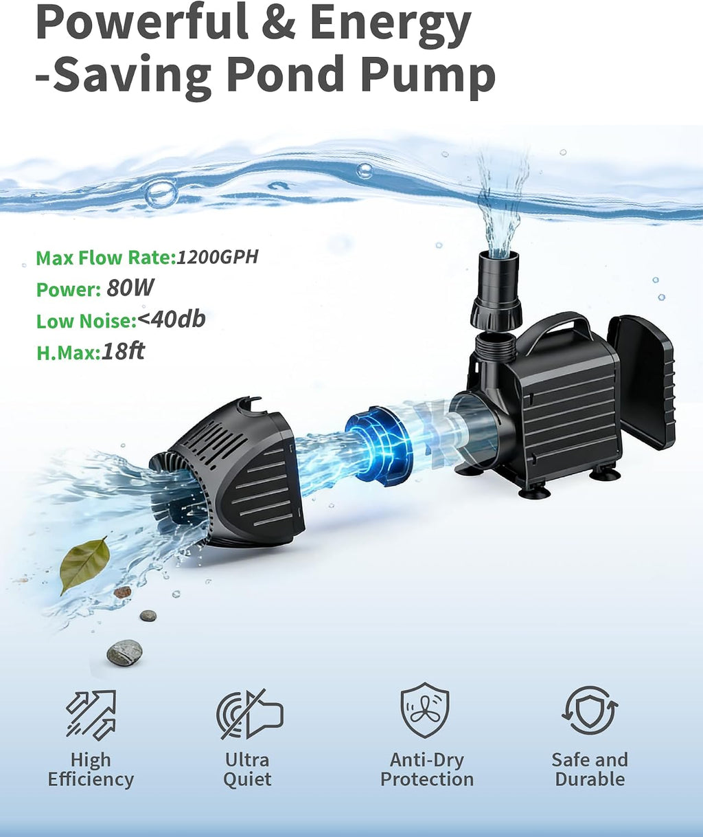 POPOSOAP Pond Waterfall Spillway with LED Lights & 1200GPH Pond Pump, 8Inch Pond Spillway Kit for Garden Ponds, Outdoor Water Feature with App & Remote Control for Backyard Landscape Decoration-P42C