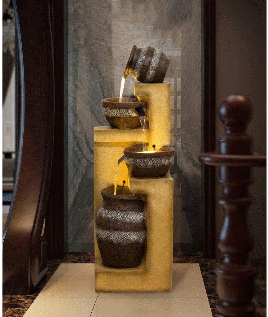 Water Fountain Cascading Resin-Rock Tabletop Fountain Indoors and Outdoors Water Feature Waterfall with LED Lights and Pump Decorative Fountain for Living Room Office Gardens Patios