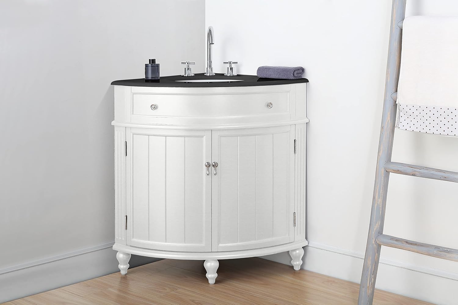 Tennant Brand 24-Inch Triadsville Free Standing Corner Bathroom Sink Vanity for Small Space, Fully Assembled, White Porcelain with Black Granite Top, White Cabinet