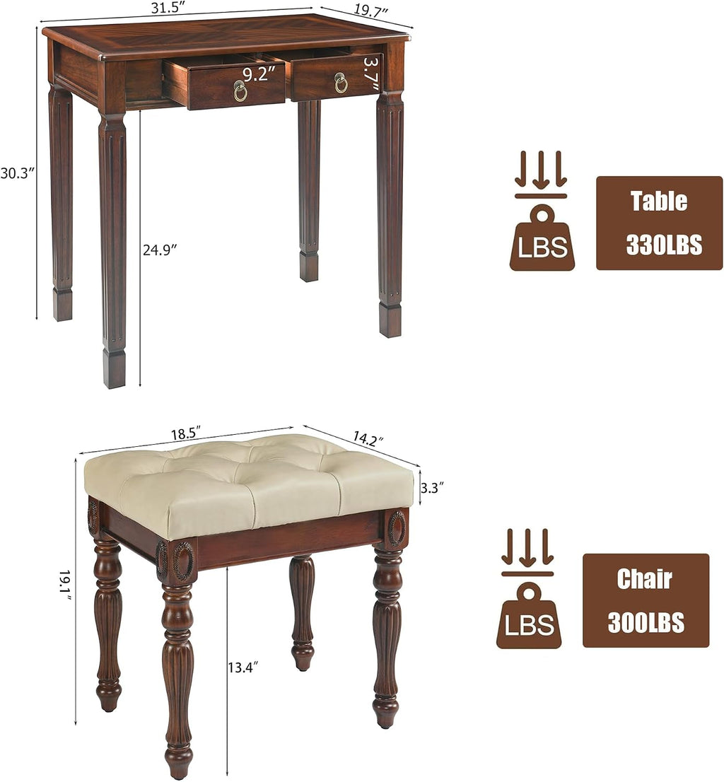 Solid Wood Makeup Vanity Table Set, 31.5' Wide Dressing Vanity Table with 2 Drawers and Vanity Bench Stool Writing Desk with Solid Wood Legs & Button Tufted Cushioned Stool, Cherry&Beige