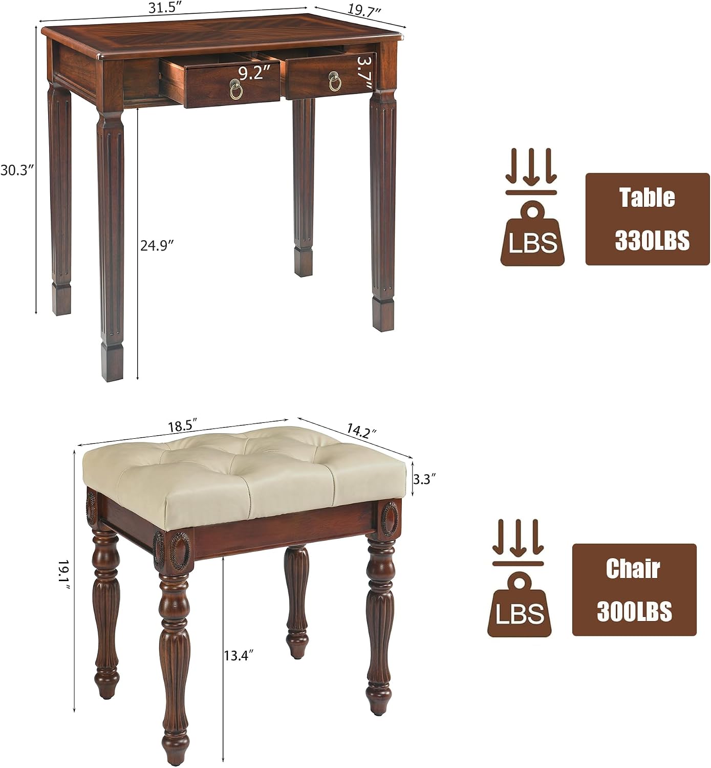 Solid Wood Makeup Vanity Table Set, 31.5' Wide Dressing Vanity Table with 2 Drawers and Vanity Bench Stool Writing Desk with Solid Wood Legs & Button Tufted Cushioned Stool, Cherry&Beige