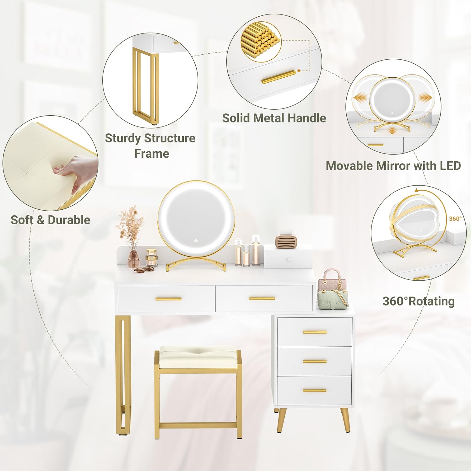 Armocity White Vanity Desk with Mirror and Lights, Modern Makeup Vanity Table Set with 6 Storage Drawers and Cushioned Stool for Bedroom, Dressing Table with Divided Organizers for Women Girls, White
