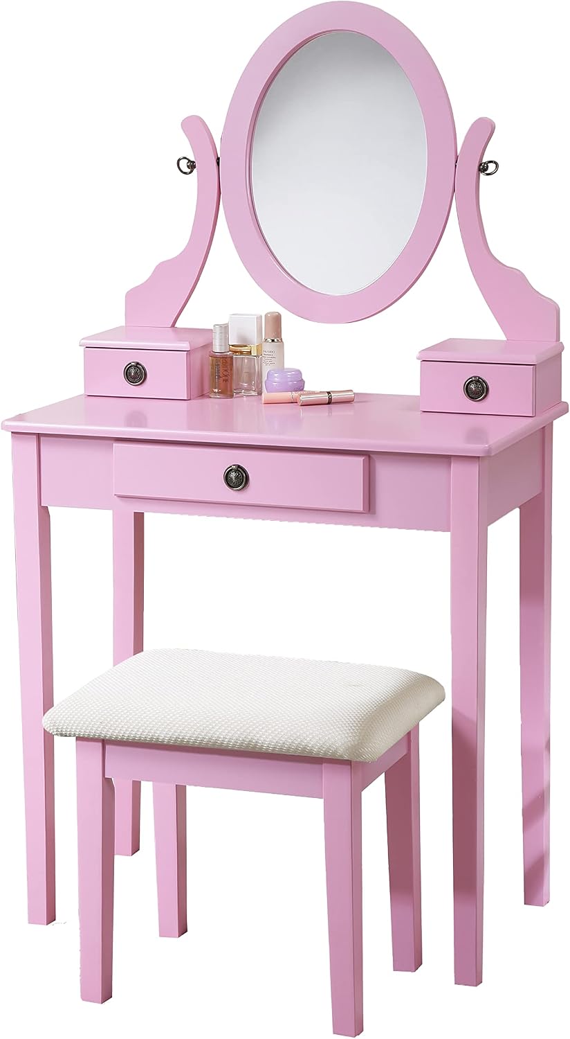 Roundhill Furniture Moniys Moniya Pink Wood Makeup Vanity Table and Stool Set