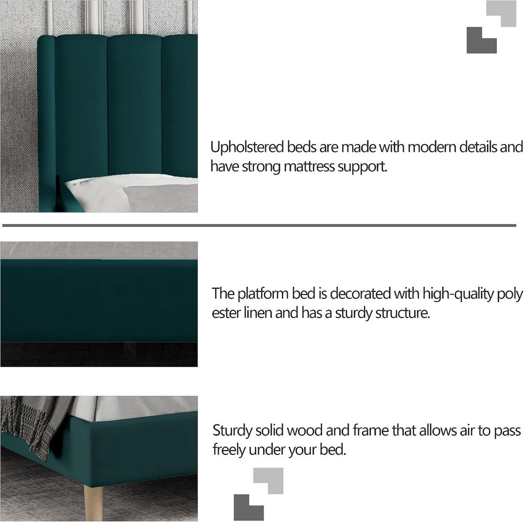 Full Size Bed Frame with Headboard, Modern Upholstered Velvet Platform Bed, Heavy Duty Wooden Slats Support, No Box Spring Needed, Noise-Free & Easy Assembly, Green