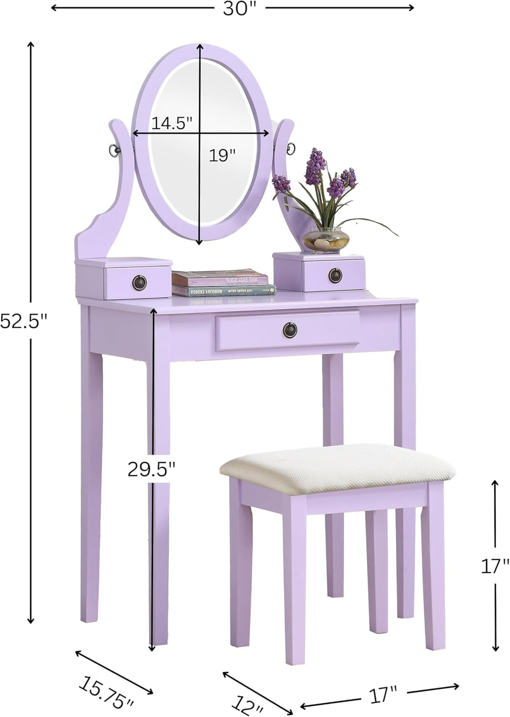 Roundhill Furniture Moniys Wood Moniya Makeup Vanity Table and Stool Set, Purple