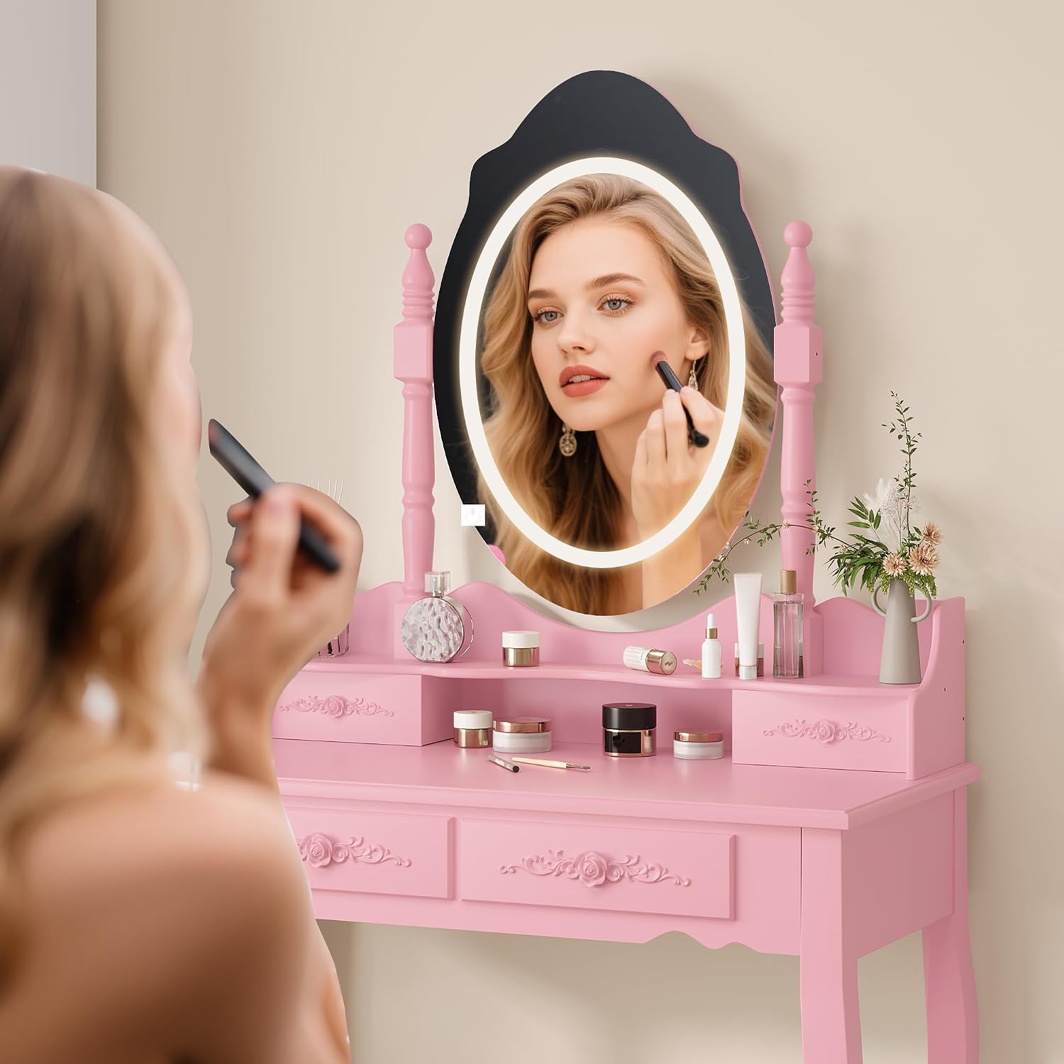 Whalefall Vanity Desk with Mirror and 3 Lights Modes, Makeup Vanity with Cushioned Stool, 4 Storage Drawers Makeup Table for Women and Girls, Bedroom or Dorm Guest Room