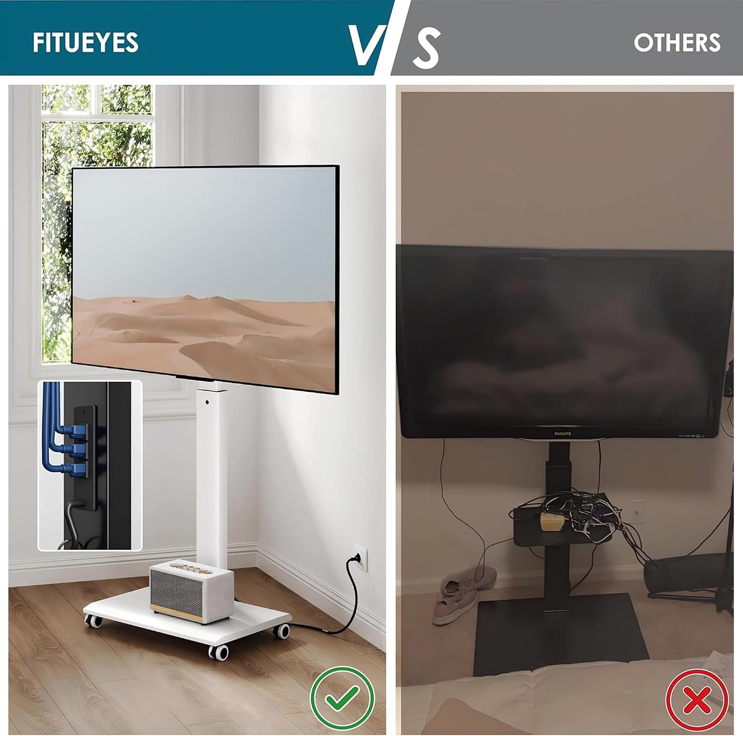 FITUEYES Rolling TV Stand with Power Strip - Mobile TV Stand for 32-75 Inch TVs, Landscape to Portrait Rotating, ±20° Swiveling, Height Adjustable TV Cart Hold Up to 88 Lbs Max VESA 400x600mm