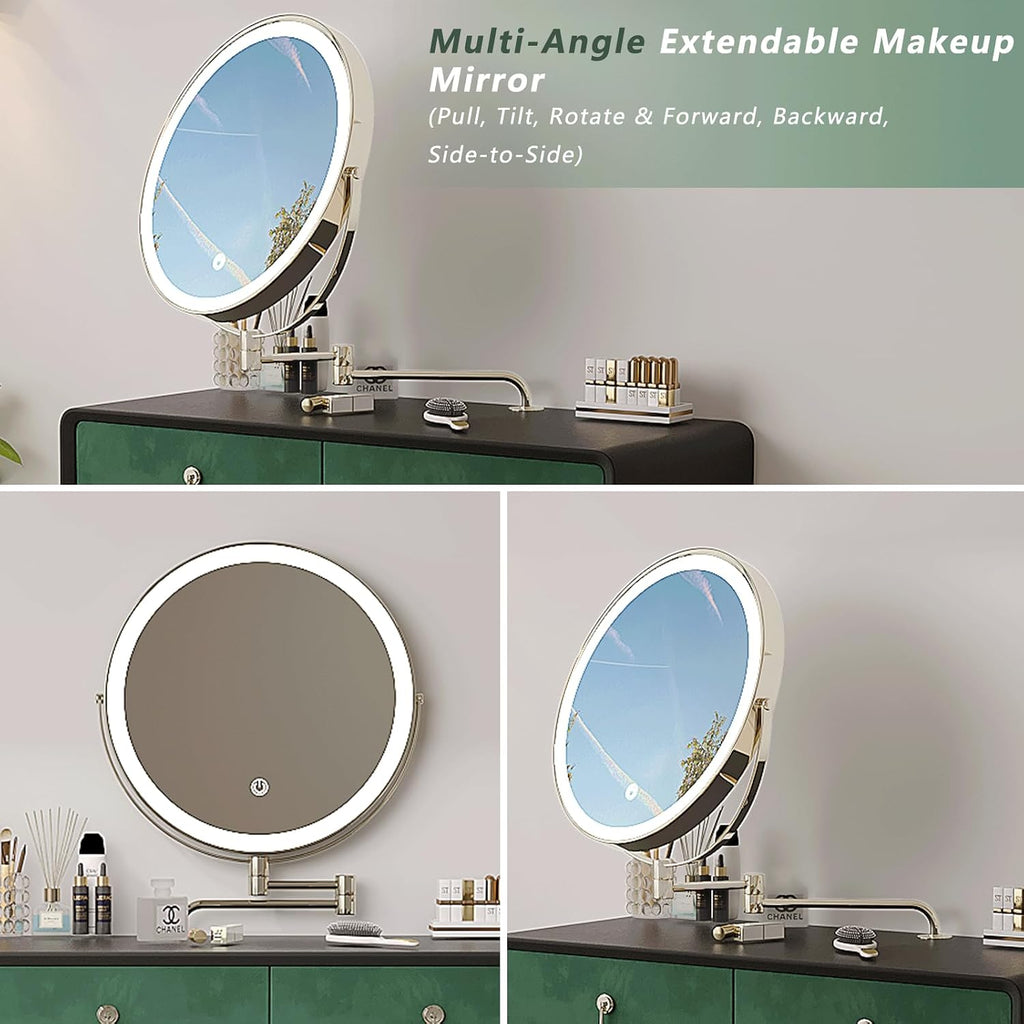 Vanity Desk with Adjustable Mirror and Lights, Makeup Vanity with 2 Drawers and Chair, Small Dressing Table with Leather Surface for Bedroom, 3 Lighting Modes