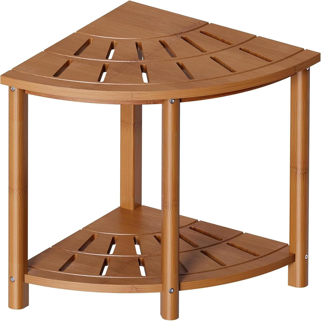 Bamboo Shower Bench with Storage Shelf Waterproof Corner Shower Stool for Shaving Legs Compact Size (15 * 13in)
