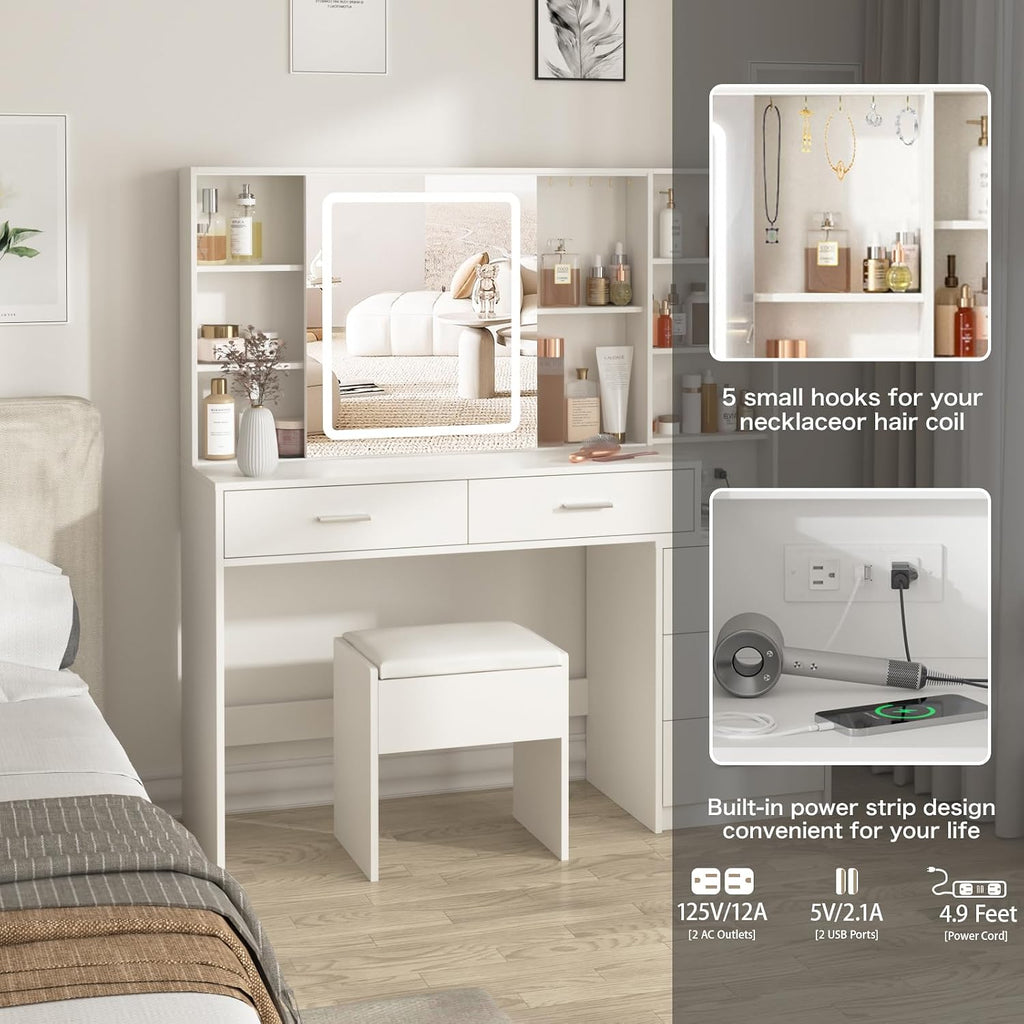 Fameill Vanity Desk with Mirror and Lights, Makeup Vanity with 5 Drawers, Makeup Desk with Charging Station and Ample Storage, Dressing Table with Chair for Bedroom Room (White)