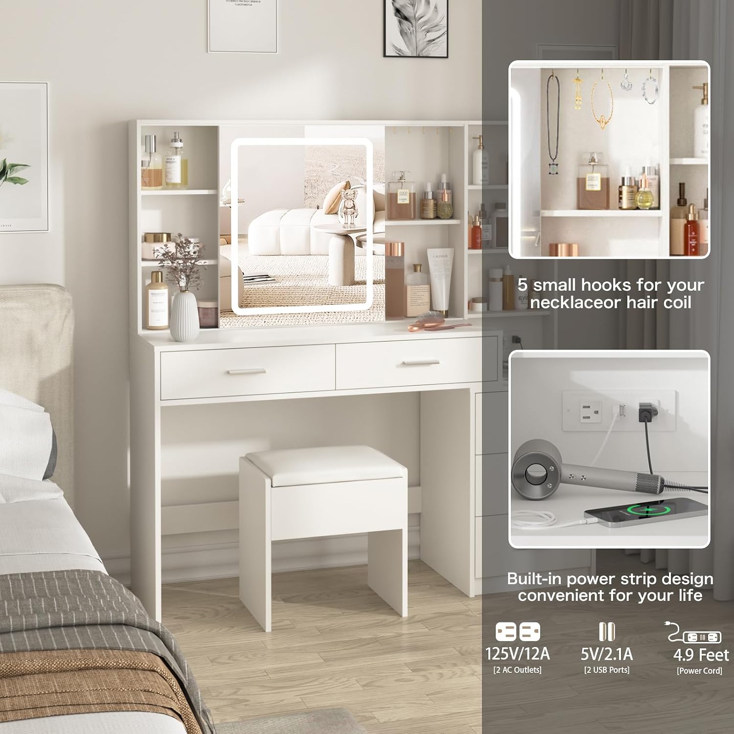 Fameill Vanity Desk with Mirror and Lights, Makeup Vanity with 5 Drawers, Makeup Desk with Charging Station and Ample Storage, Dressing Table with Chair for Bedroom Room (White)