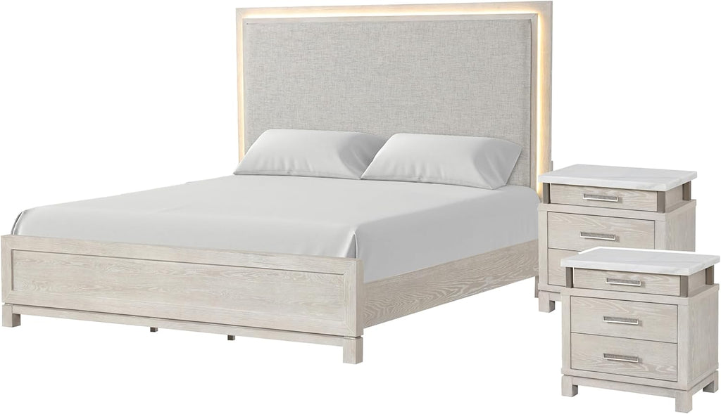 Furniture of America Bailer Modern Solid Wood 3-Piece Bedroom Set with LED on Headboard, Stainless Steal Posts and Marble Top on Nightstand, Box Spring Needed, King, Weathered Gray