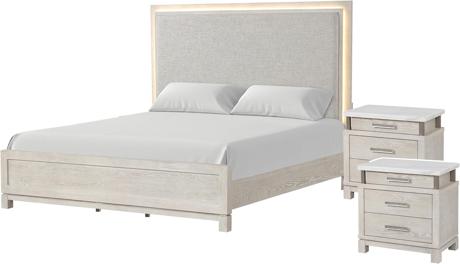 Furniture of America Bailer Modern Solid Wood 3-Piece Bedroom Set with LED on Headboard, Stainless Steal Posts and Marble Top on Nightstand, Box Spring Needed, King, Weathered Gray