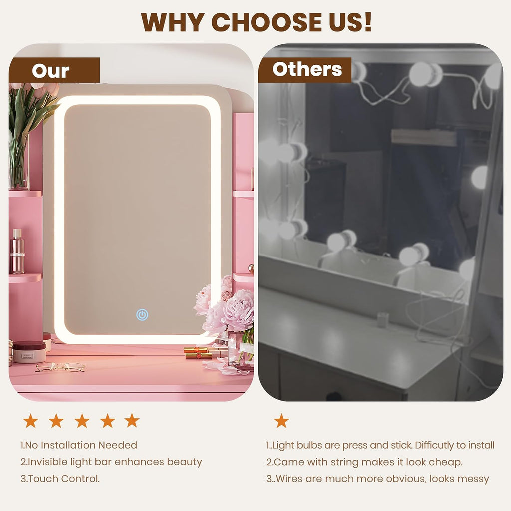 Vanity Desk with Mirror and Lights, Small Makeup Vanity Desk with Storage Drawer,3 Lighting Moders & Adjustable Brightness,Compact Dressing Table with 3-Tier Open Shelf for Girls Women Bedroom(Pink)