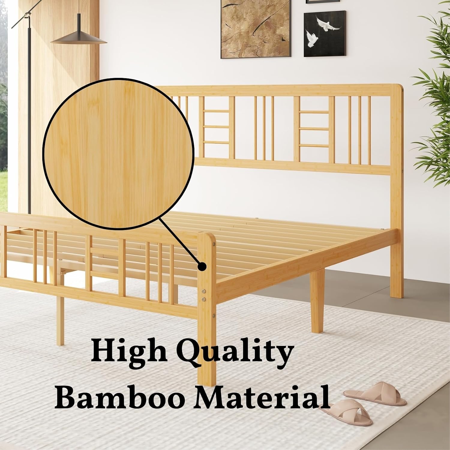 14 Inch Bamboo Wood Queen Size Platform Bed Frame with Headboard and Footboard, Metal Slat Support Bed Frame Queen Size Heavy Duty, No Box Spring Needed, Easy Assembly, Noise Free, Reinforced