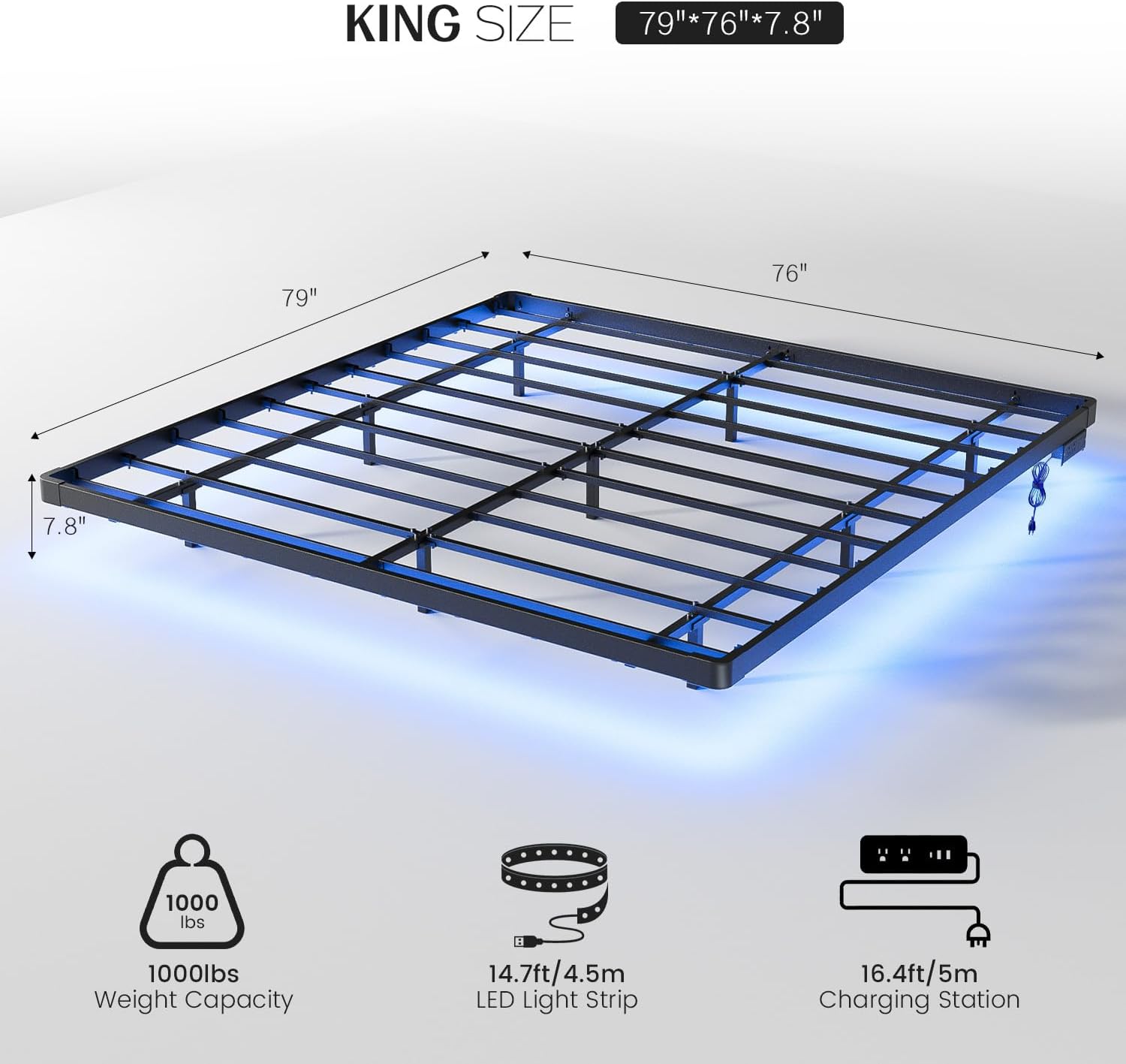 Floating Bed Frame King Size with LED Lights and Charging Station, King Metal Platform Bed Frame, No Box Spring Needed, Easy Assembly (King)