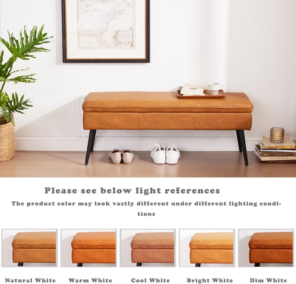 Ottoman with Storage Bench, End of Bed Bench with Flipping Lid, Mid-Century Modern & Faux Leather with Stitching, Loads 660 lb, for Living Room, Bedroom, Entryway, Cognac Brown