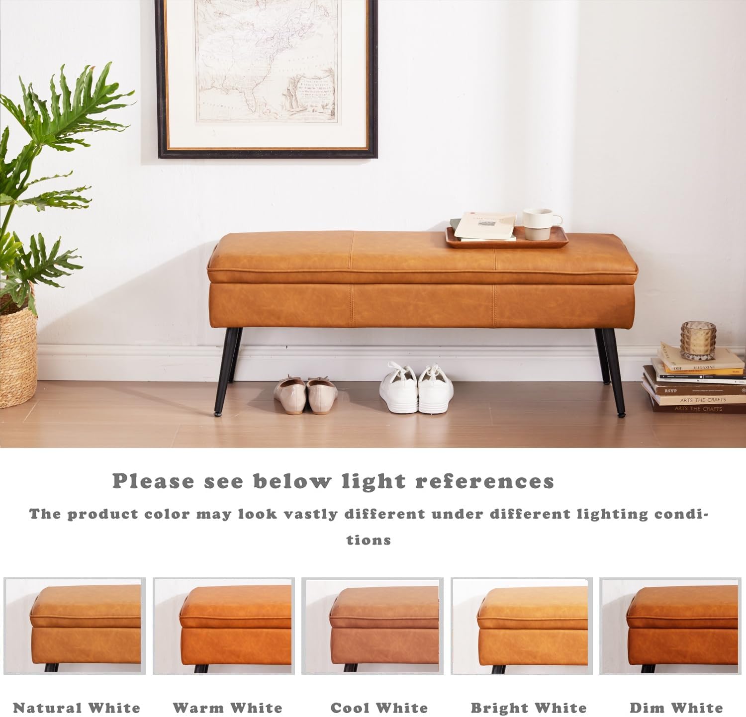 Ottoman with Storage Bench, End of Bed Bench with Flipping Lid, Mid-Century Modern & Faux Leather with Stitching, Loads 660 lb, for Living Room, Bedroom, Entryway, Cognac Brown