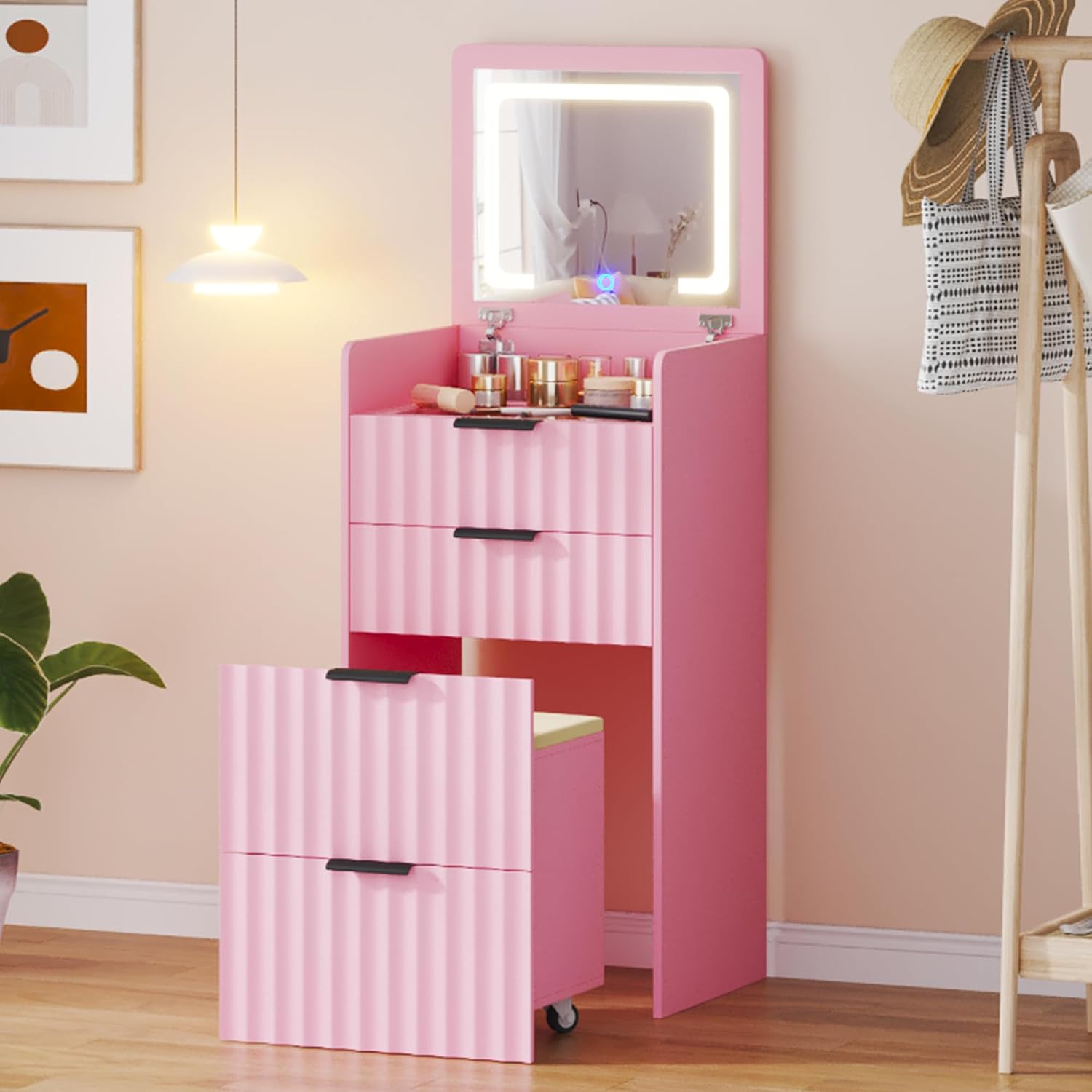 3-in-1 Small Vanity Desk with Flip Top Mirror and Lights,Fluted Compact Makeup Vanity with Storage Stool and Drawers,Mini Vanity Table Set for Bedroom Furniture,Pink