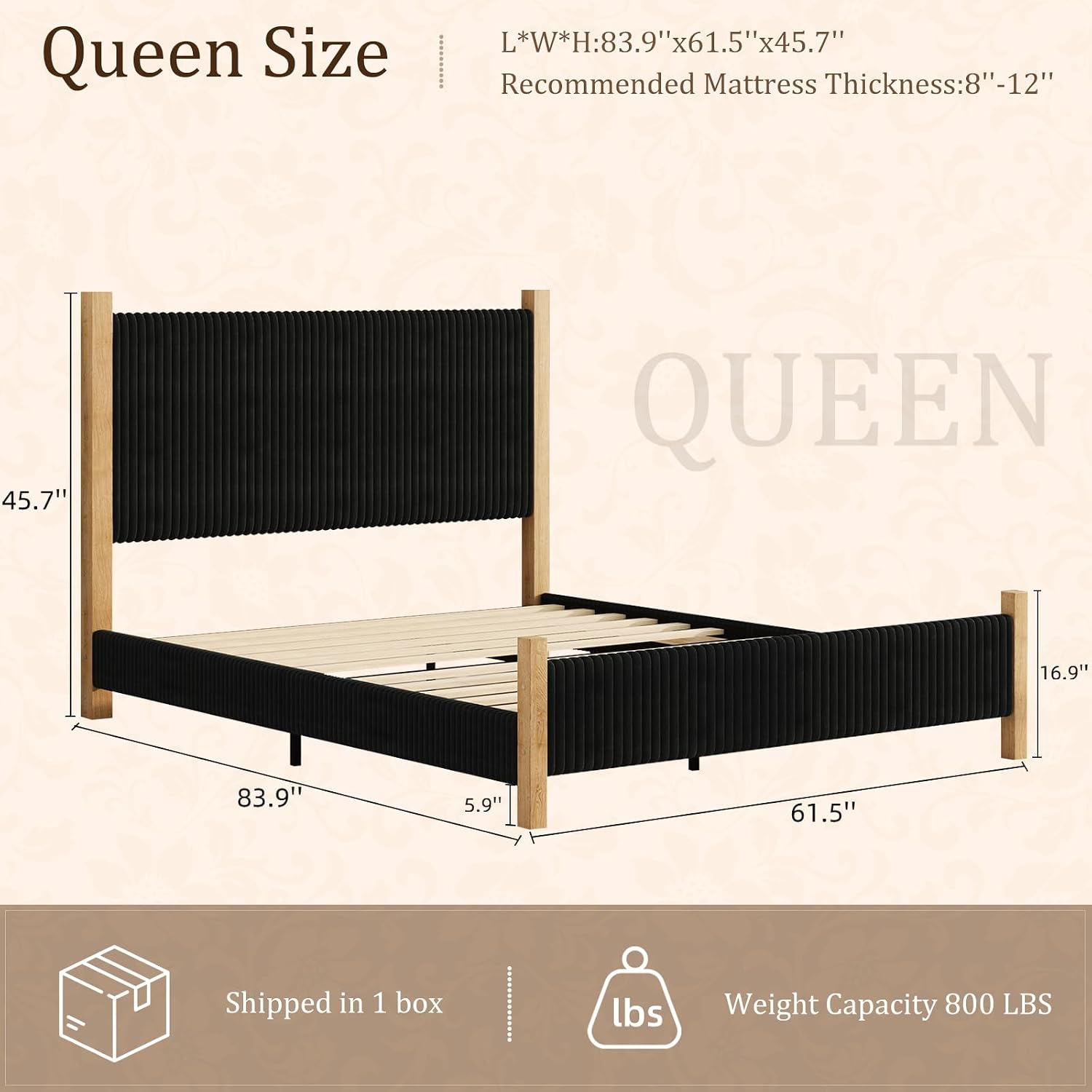 HOMBCK Queen Size Bed Frame with Headboard, Corduroy Upholstered Bed Frame Queen, No Box Spring Needed, 4 Solid Wood Support, Noise-Free, Easy Assembly for Couples, Master Bedrooms, Black
