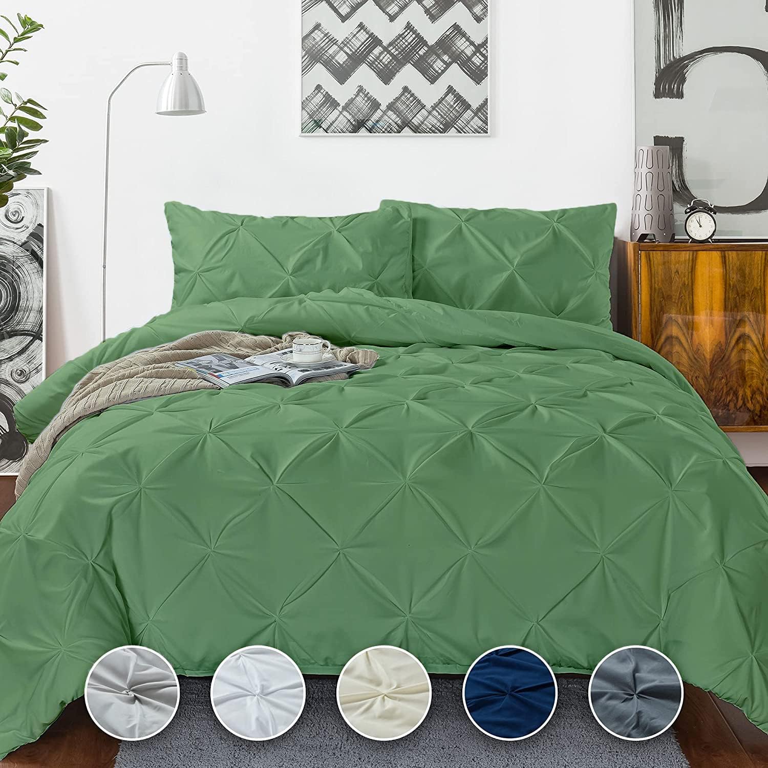 Crown Collection Luxuriate Hotel 1000-TC Hypoallergenic Ultra Soft Design 100% Egyptian Cotton Pinch Plated Duvet Cover with Zipper Colser & 2pcs Pillow Case Set (Super King Plus 120X120) Moss