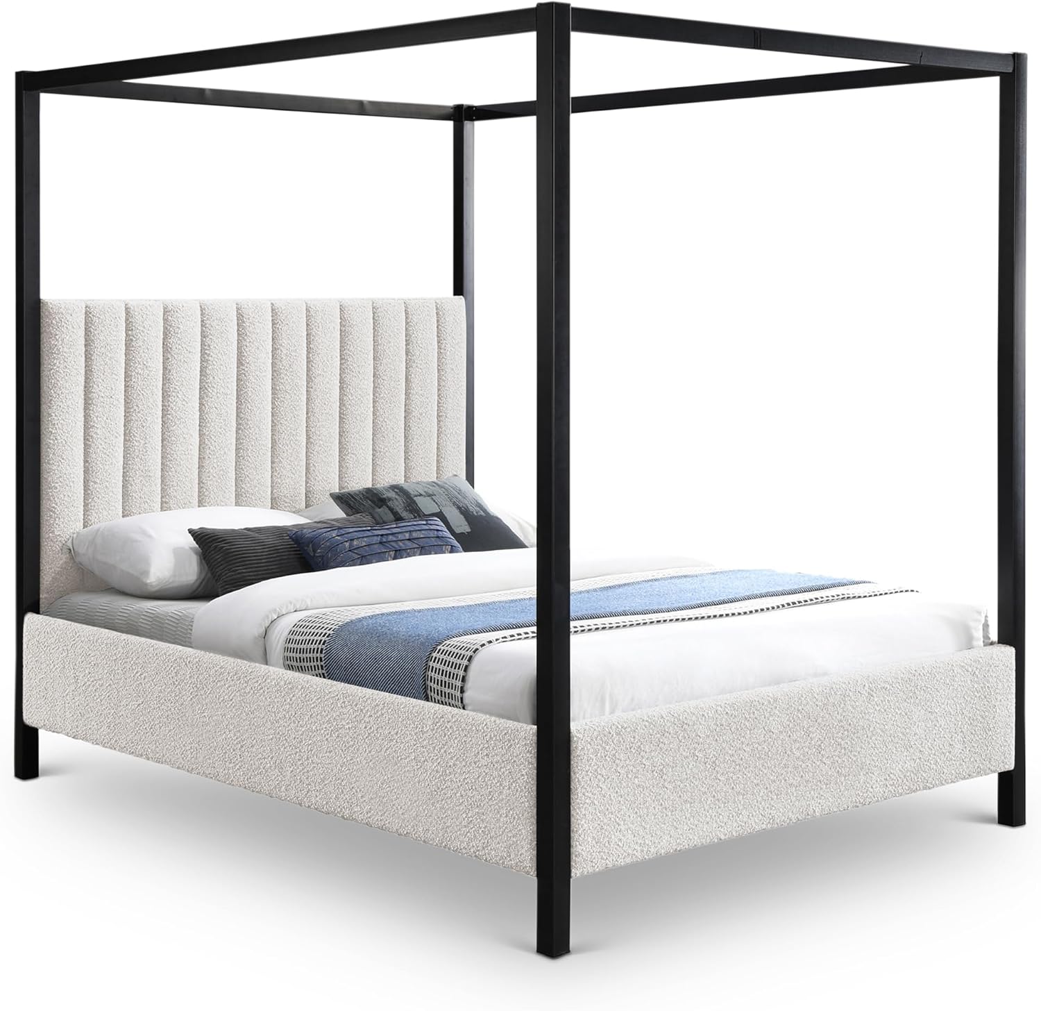 Meridian Furniture KellyCream-F Kelly Collection Modern | Contemporary Full Bed with Rich Cream Boucle Fabric, Matte Black Iron Metal Frame Canopy, 57' W x 80' D x 77' H, Cream, Full