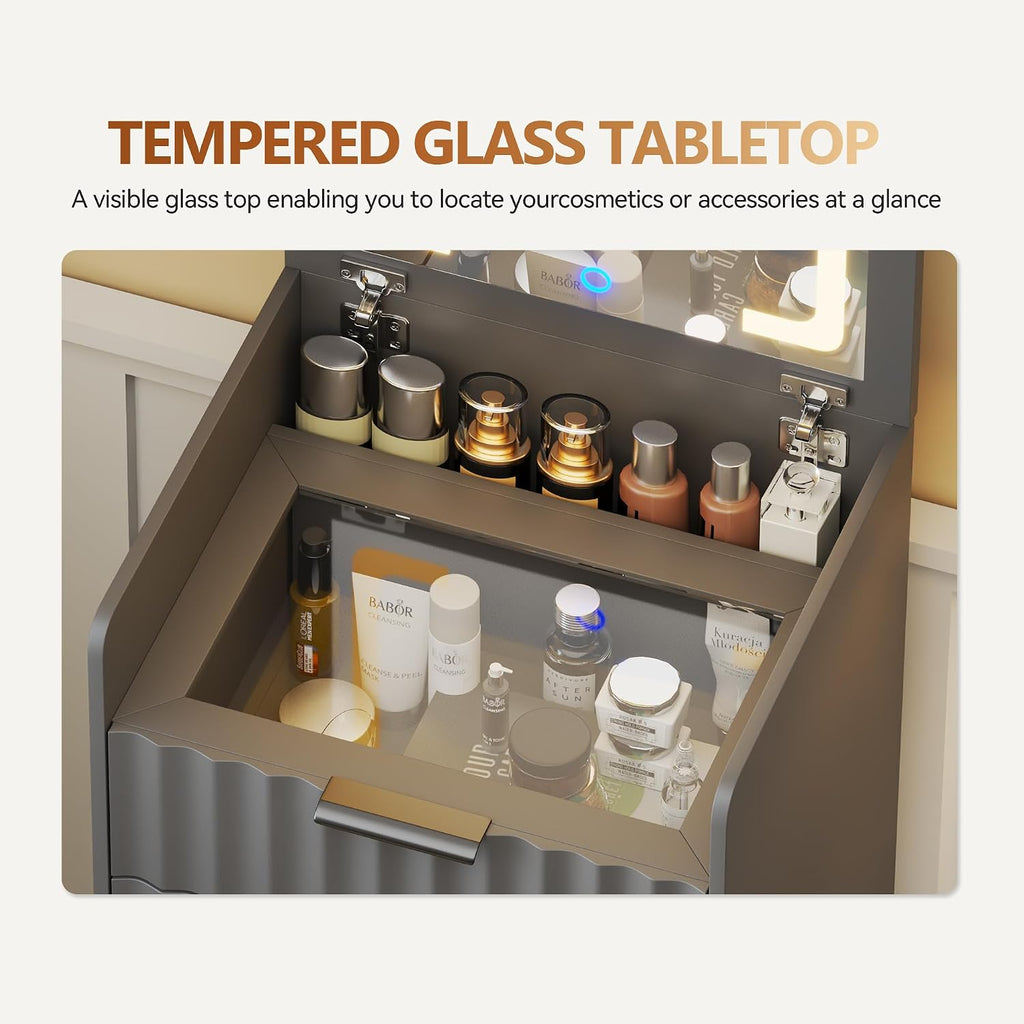 3-in-1 Small Vanity Desk with Flip Top Mirror and Lights,Fluted Compact Makeup Vanity with Storage Stool and Drawers,Mini Vanity Table Set for Bedroom Furniture,Grey