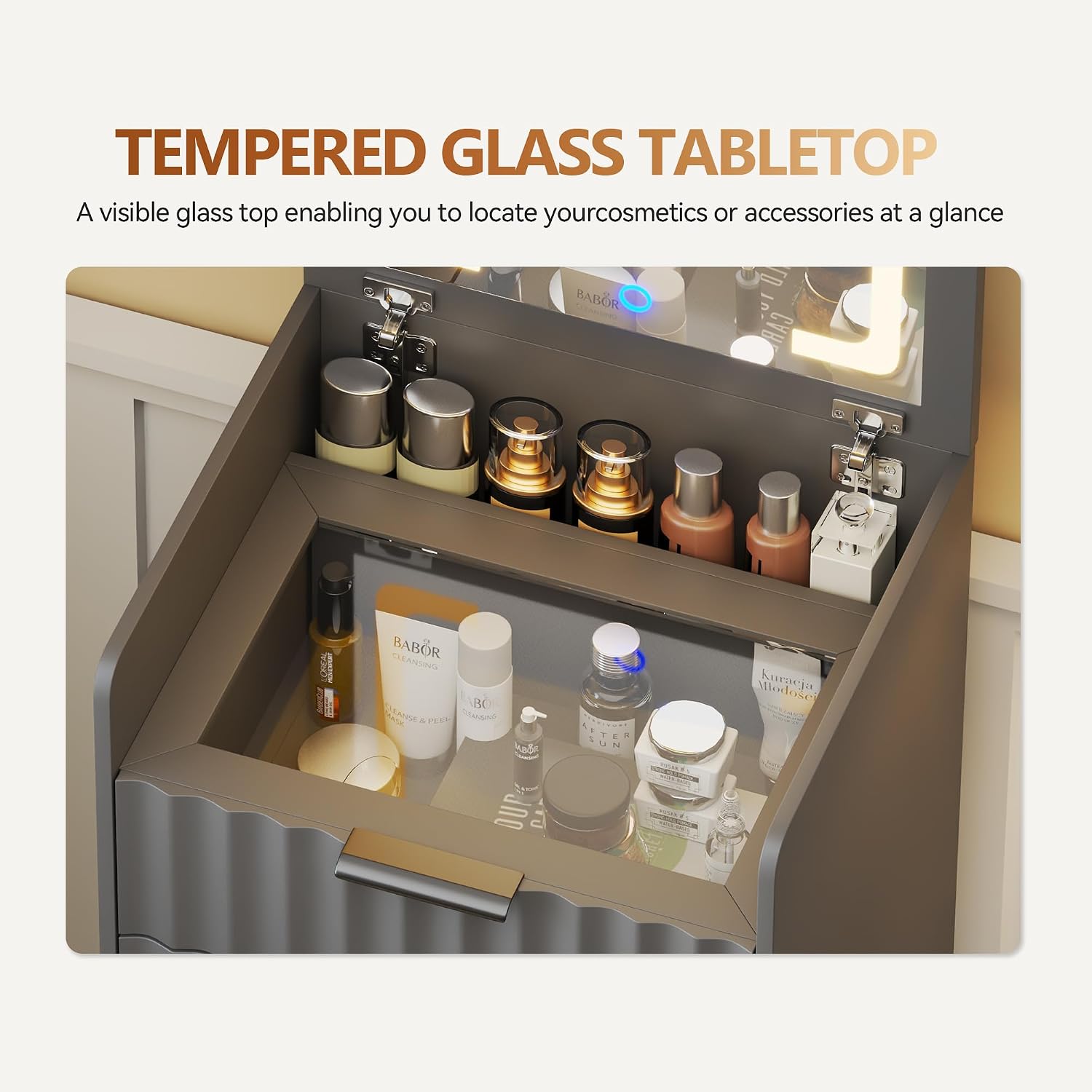3-in-1 Small Vanity Desk with Flip Top Mirror and Lights,Fluted Compact Makeup Vanity with Storage Stool and Drawers,Mini Vanity Table Set for Bedroom Furniture,Grey